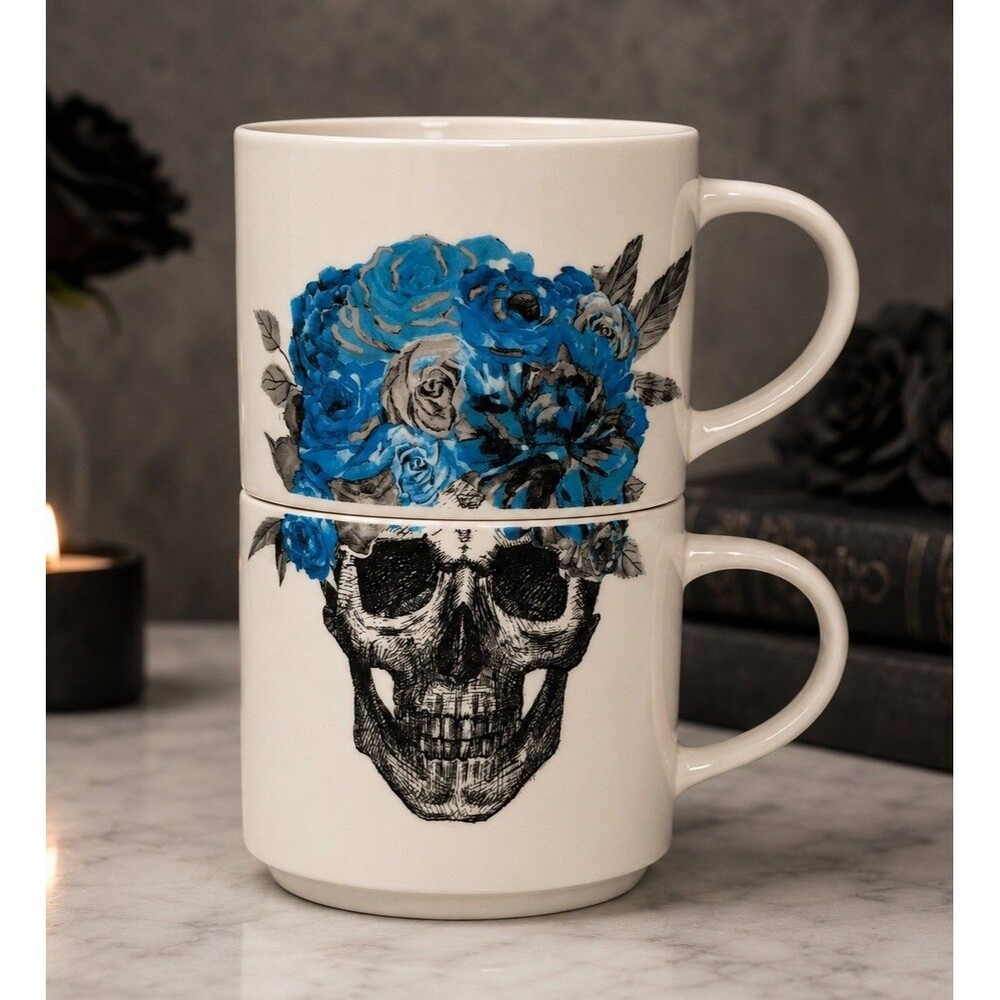 Godinger Gatherings Day of the Dead Boho Skull Floral Stacking Mugs Set 2 Blue